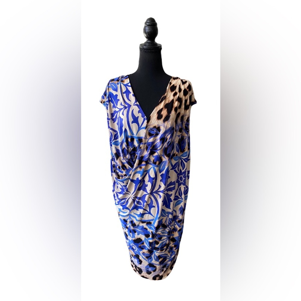 Nine West: Blue V Neck Mixed Animal and Floral Print Dress